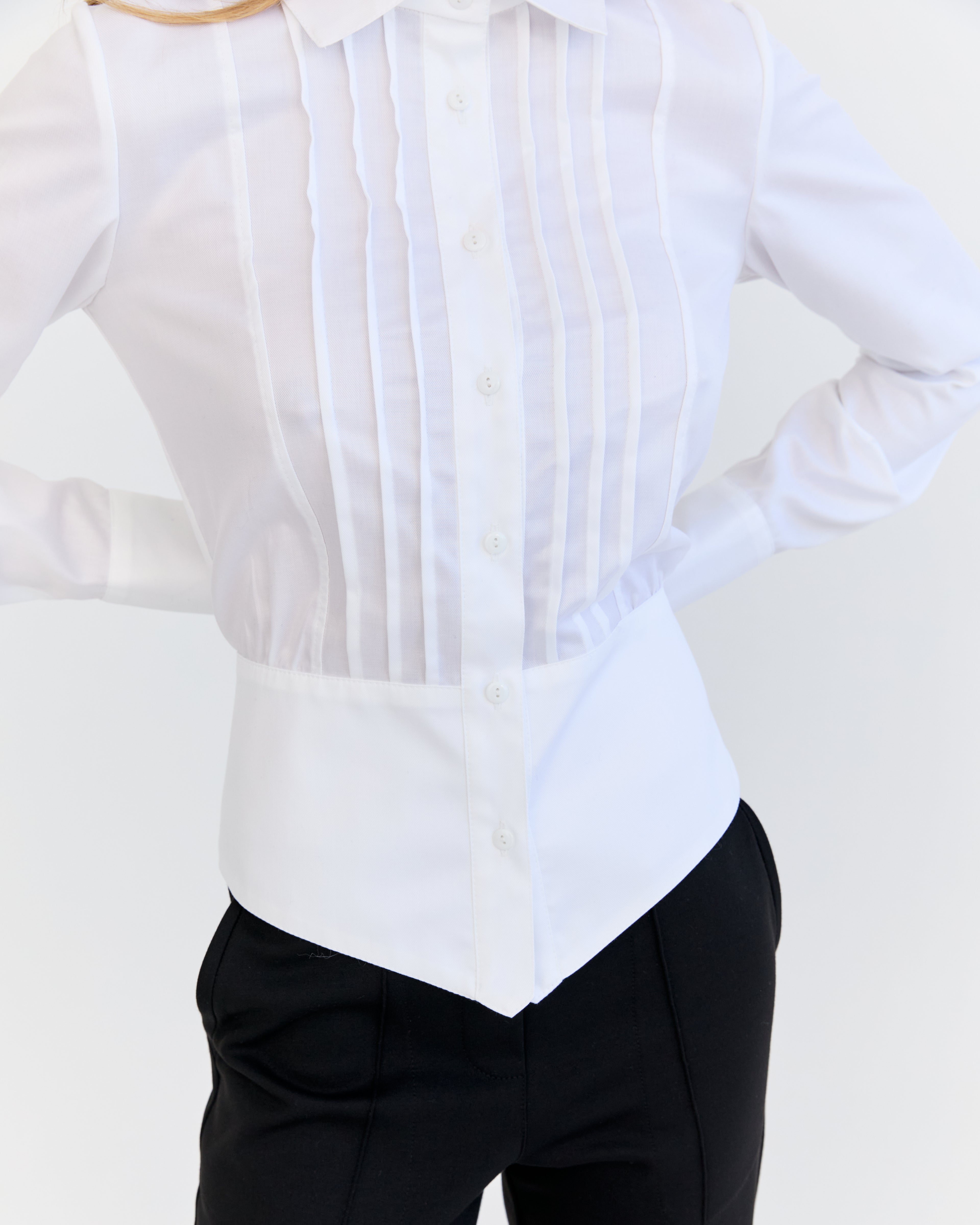 Andrea Pleated Shirt - White Herringbone