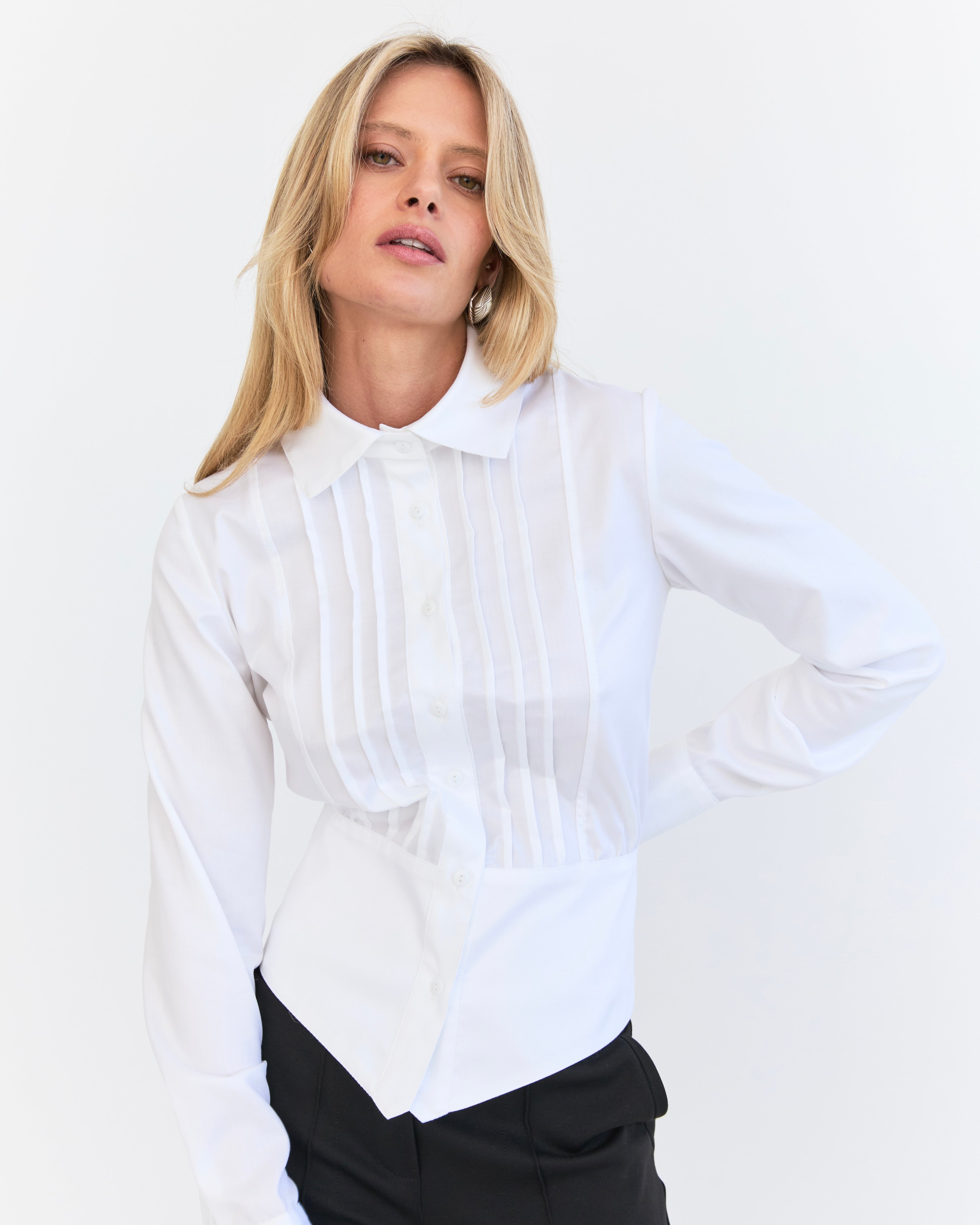 Andrea Pleated Shirt - White Herringbone