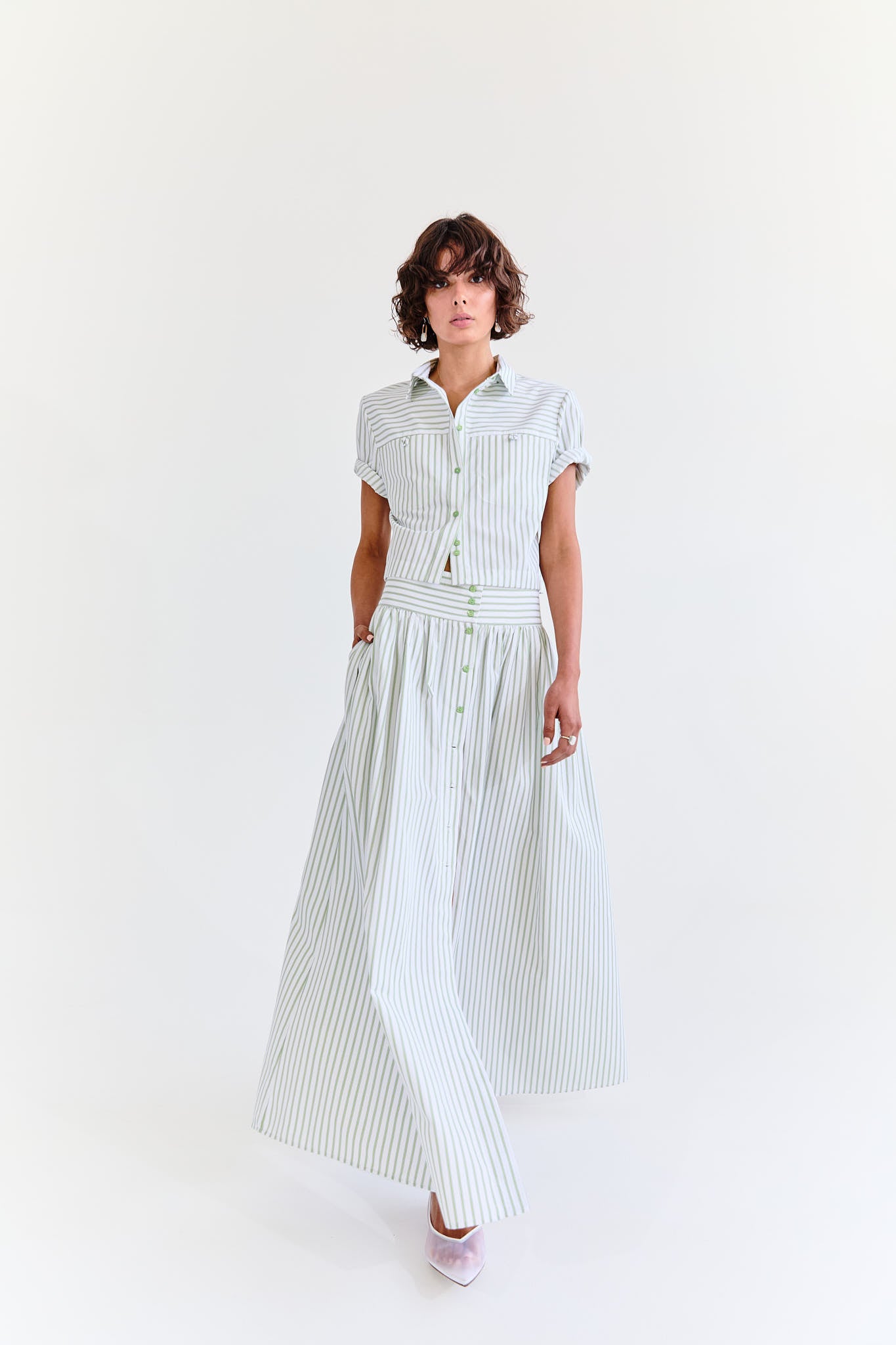 Lola Crop Shirt - Pistachio Stripe