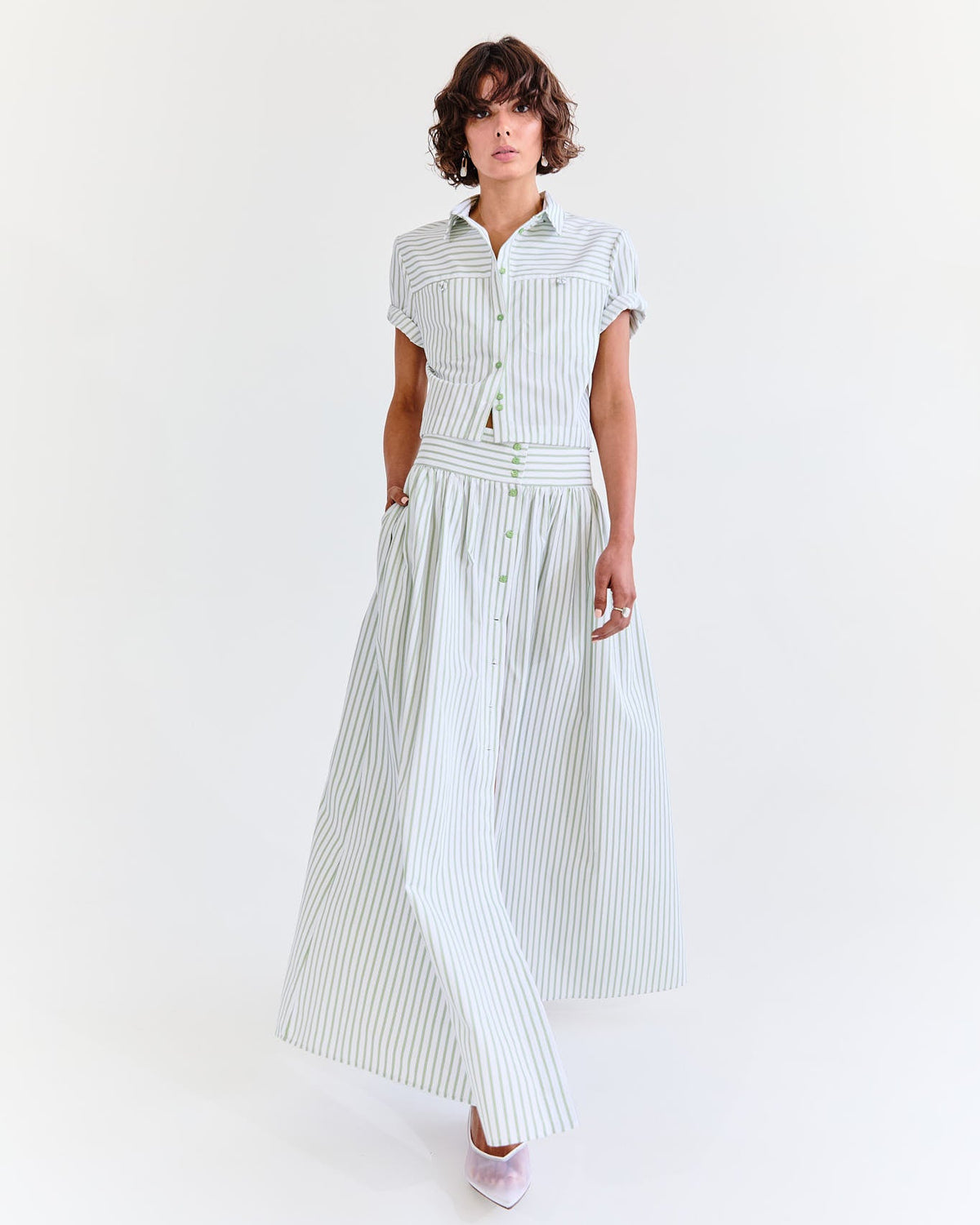 Lola Crop Shirt - Pistachio Stripe