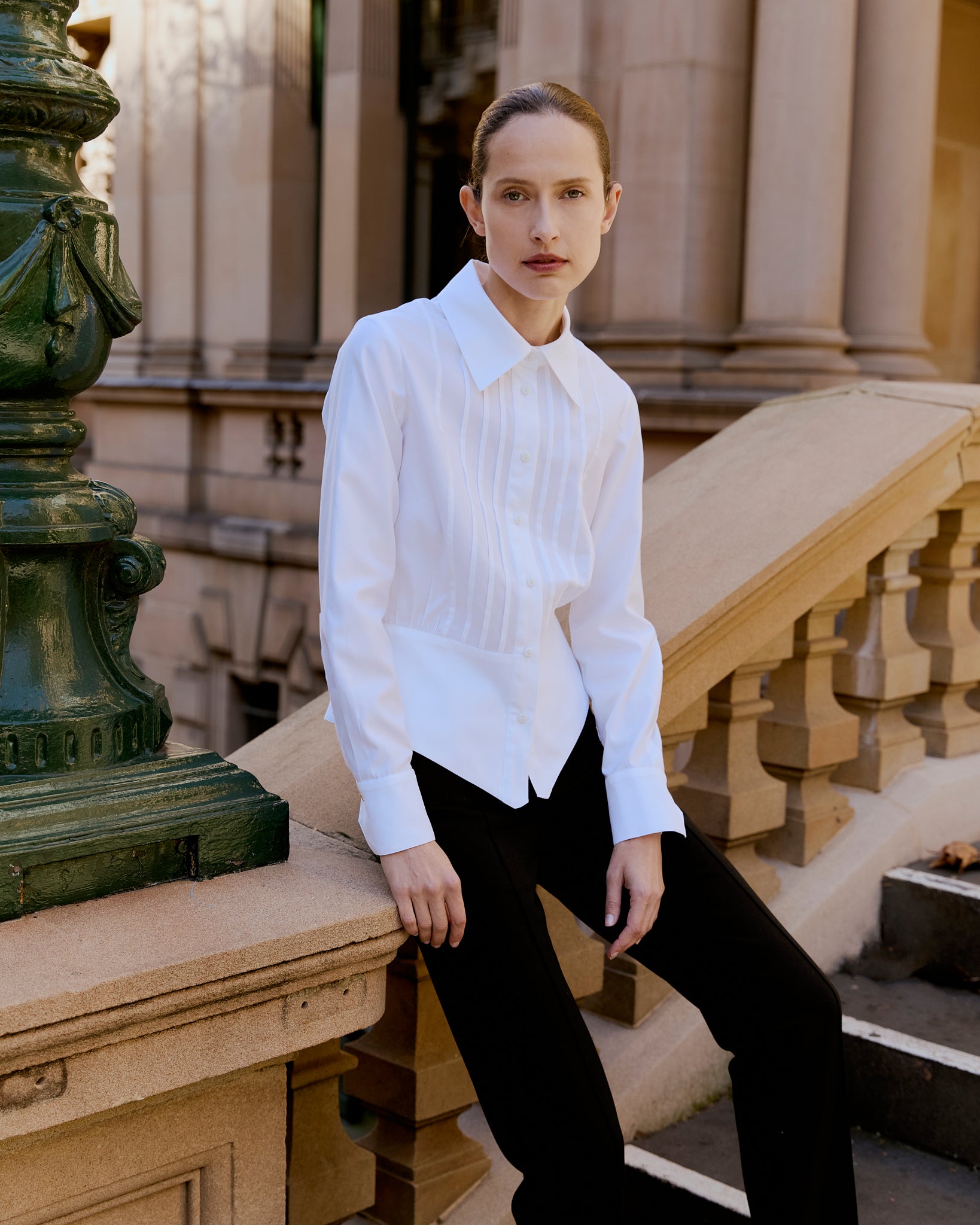 Andrea Pleated Shirt - White Herringbone