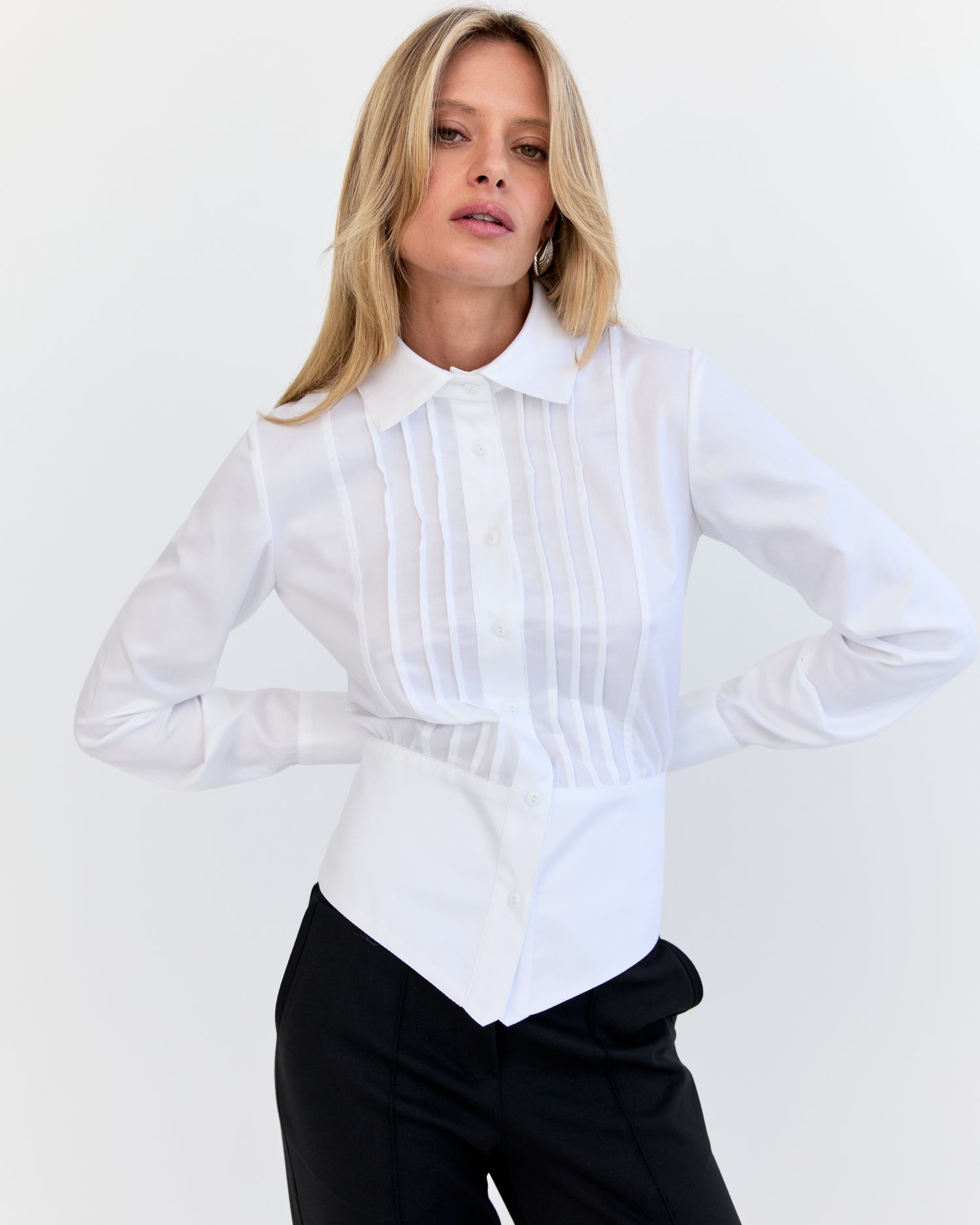 Andrea Pleated Shirt - White Herringbone