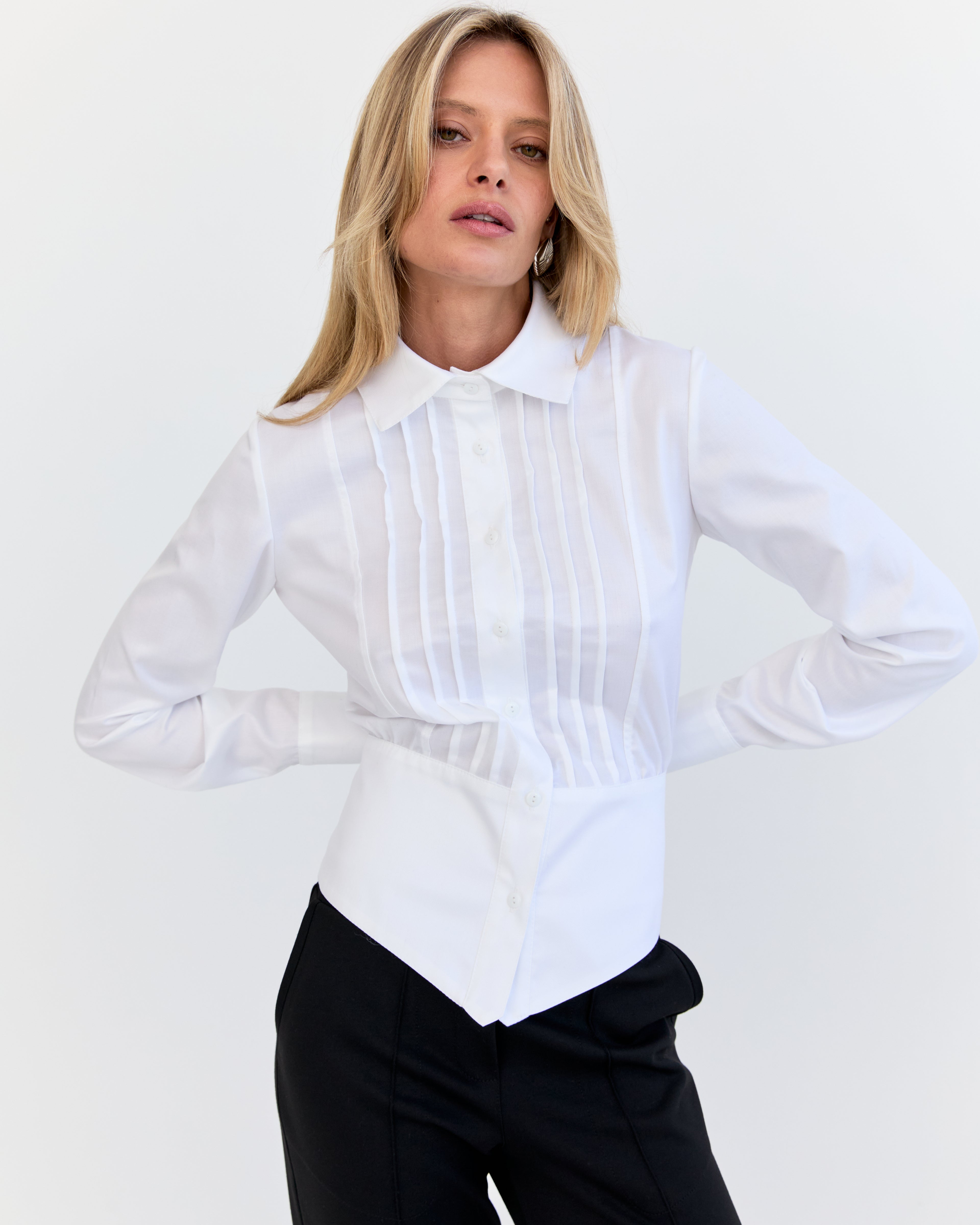 Andrea Pleated Shirt - White Herringbone