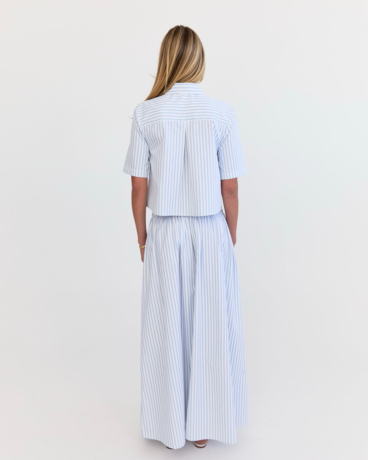 Lola Crop Shirt - Sky Blue Stripe, back view